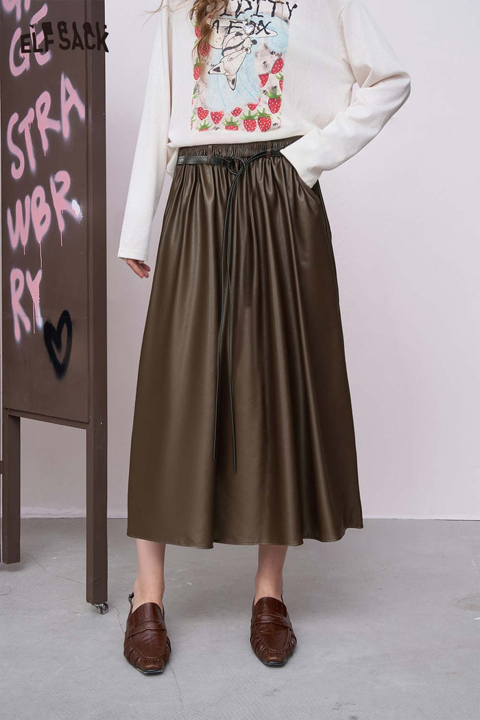 ELFSACK Faux Leather Elasticized Waist Adjustable Drawstring Maxi Skirt