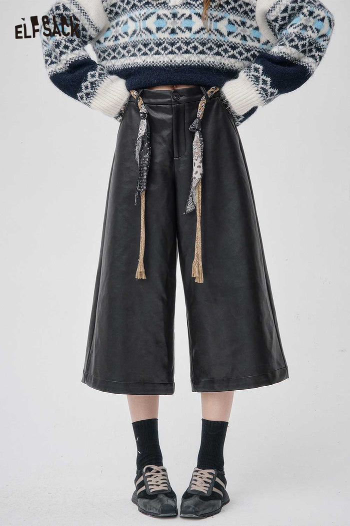 ELFSACK Faux-leather High-waisted Wide-leg Trousers