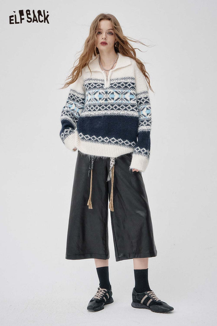 ELFSACK Faux-leather High-waisted Wide-leg Trousers