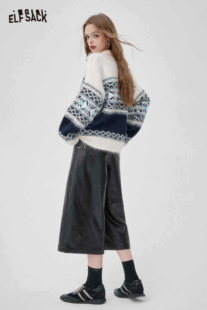ELFSACK Faux-leather High-waisted Wide-leg Trousers