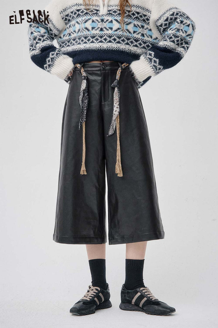 ELFSACK Faux-leather High-waisted Wide-leg Trousers