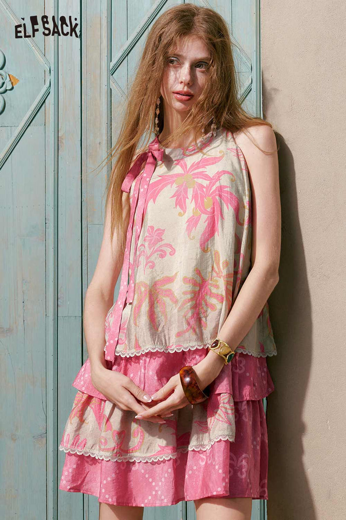 ELFSACK Floral Bow Tiered Ruffle Mini Dress