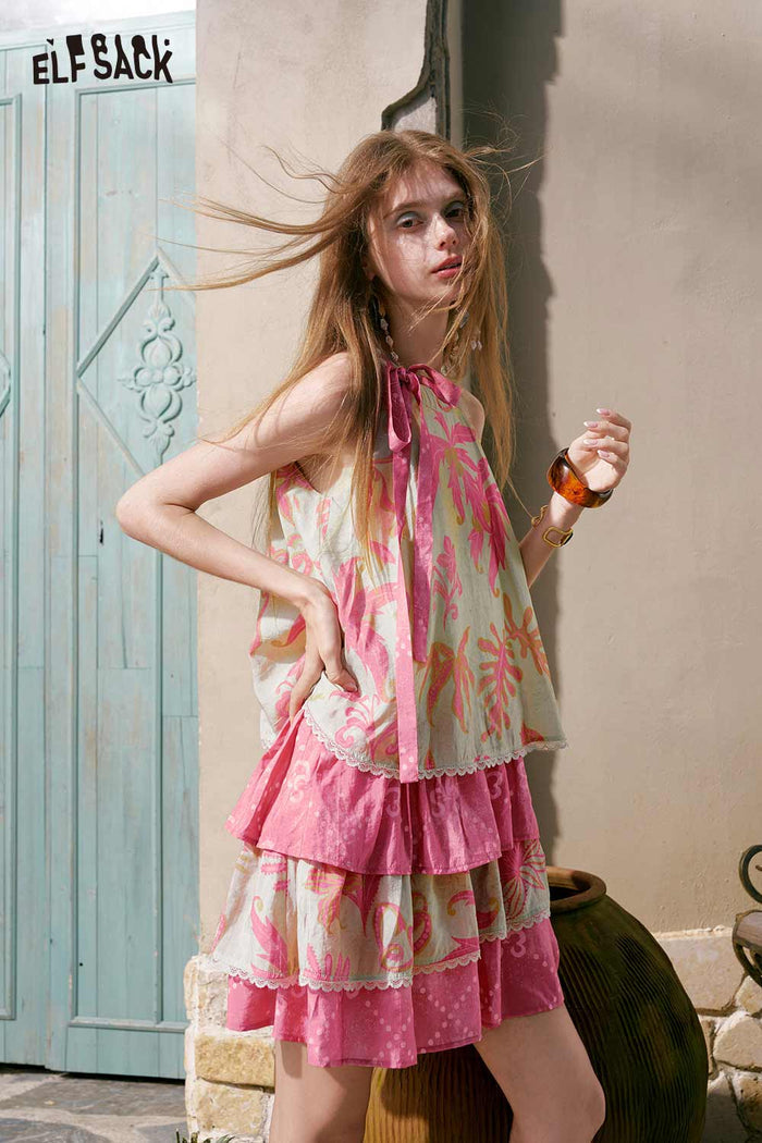 ELFSACK Floral Bow Tiered Ruffle Mini Dress