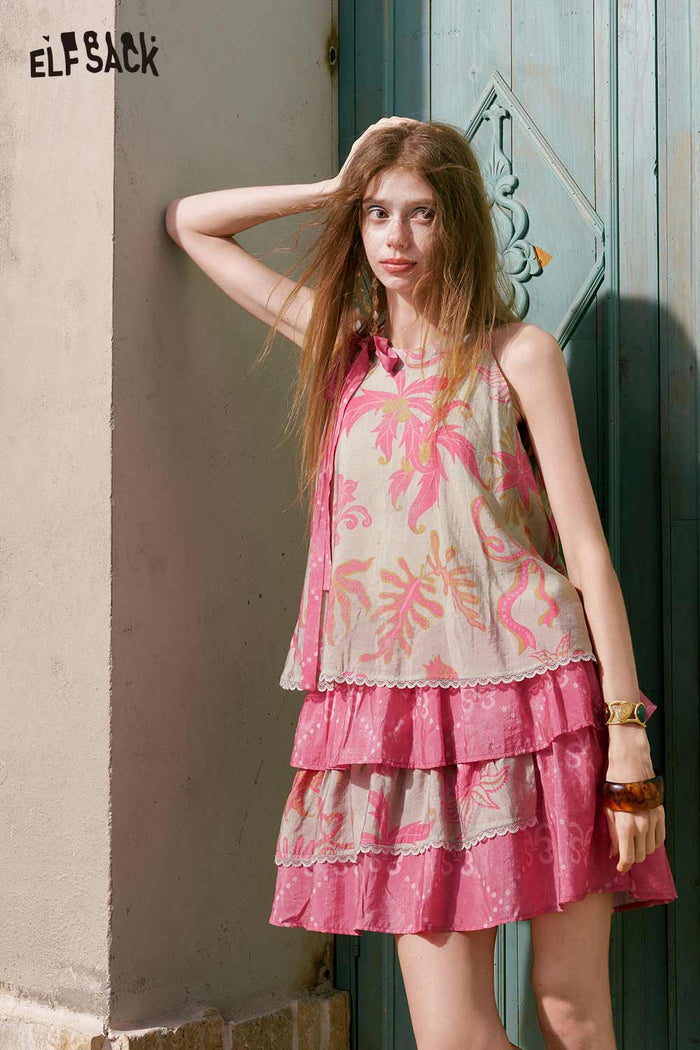 ELFSACK Floral Bow Tiered Ruffle Mini Dress