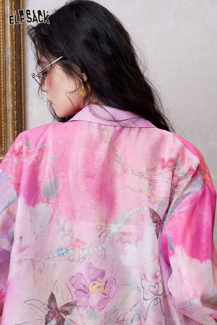 ELFSACK Floral Butterfly Lantern Sleeve Shirt