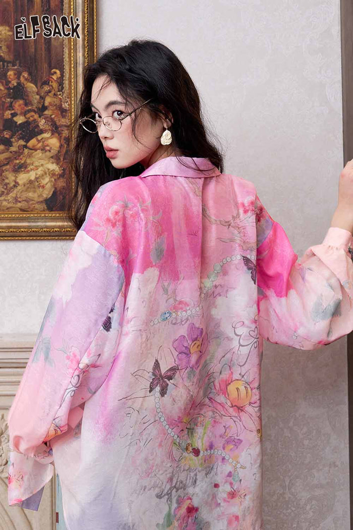 ELFSACK Floral Butterfly Lantern Sleeve Shirt