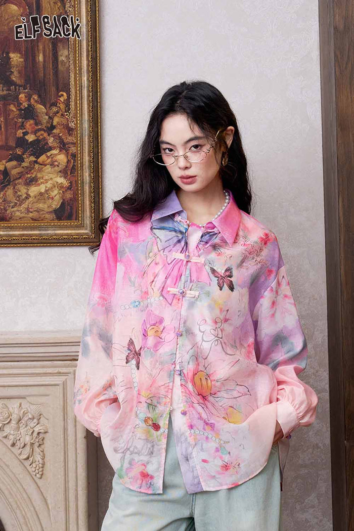 ELFSACK Floral Butterfly Lantern Sleeve Shirt