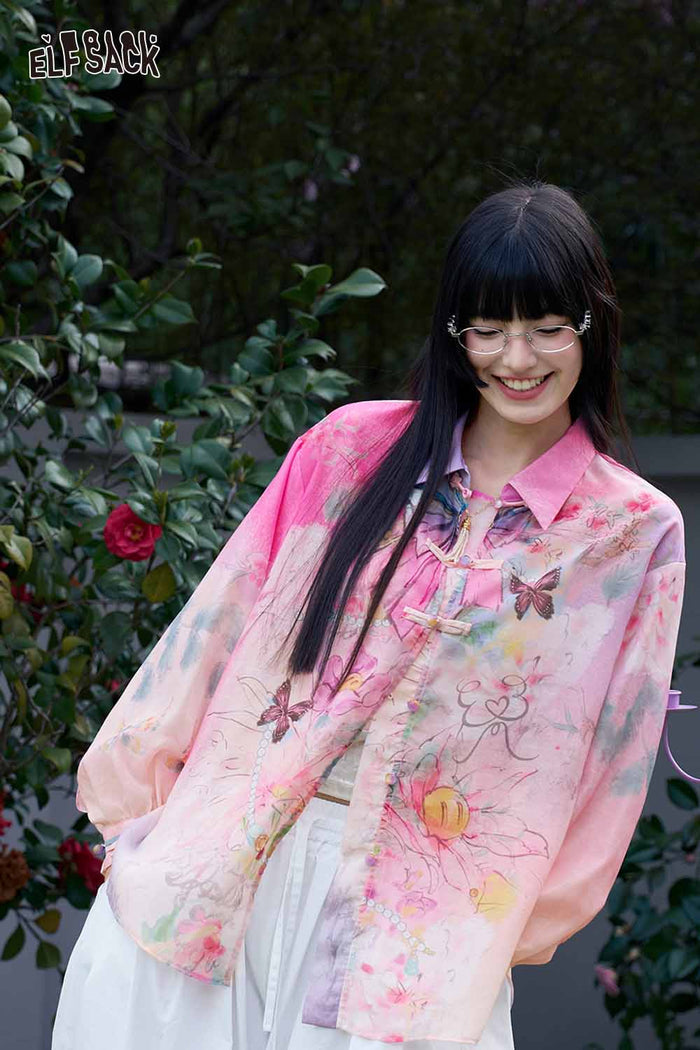 ELFSACK Floral Butterfly Lantern Sleeve Shirt