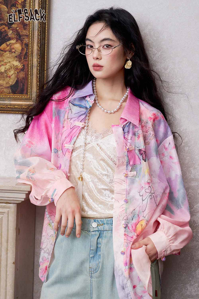 ELFSACK Floral Butterfly Lantern Sleeve Shirt