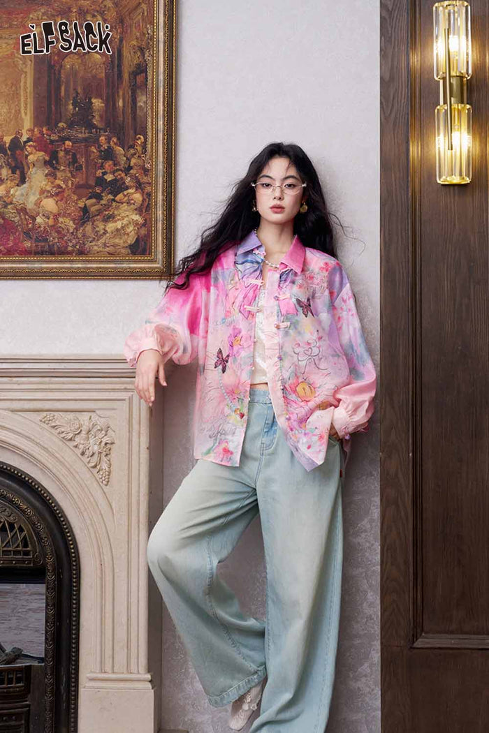 ELFSACK Floral Butterfly Lantern Sleeve Shirt