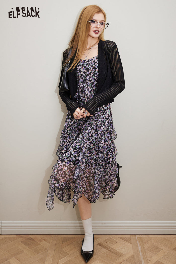 ELFSACK Floral Chiffon Slip Dress Knit Cardigan Set