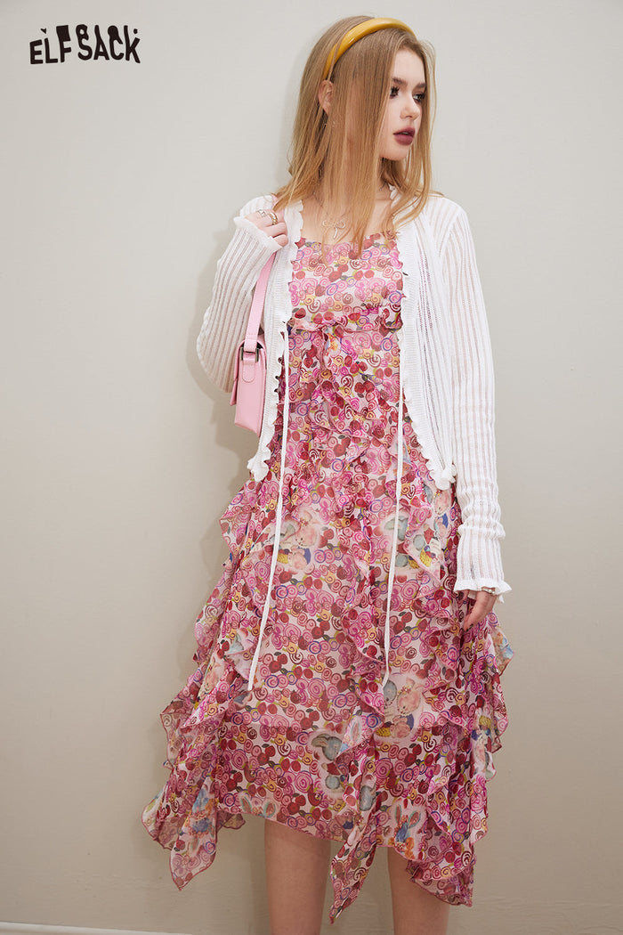 ELFSACK Floral Chiffon Slip Dress Knit Cardigan Set