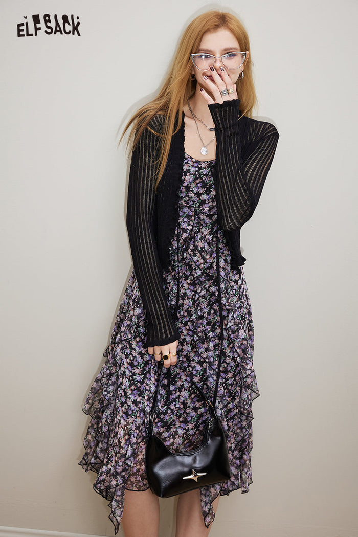ELFSACK Floral Chiffon Slip Dress Knit Cardigan Set