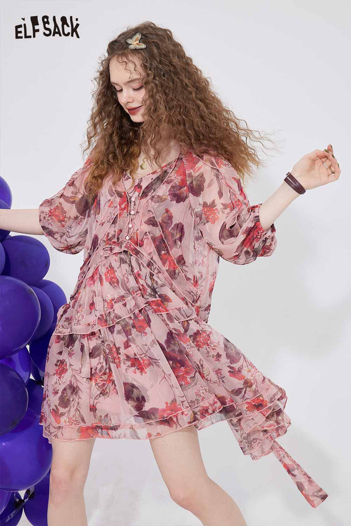 ELFSACK Floral Chiffon V Neck Waist Tie Dress