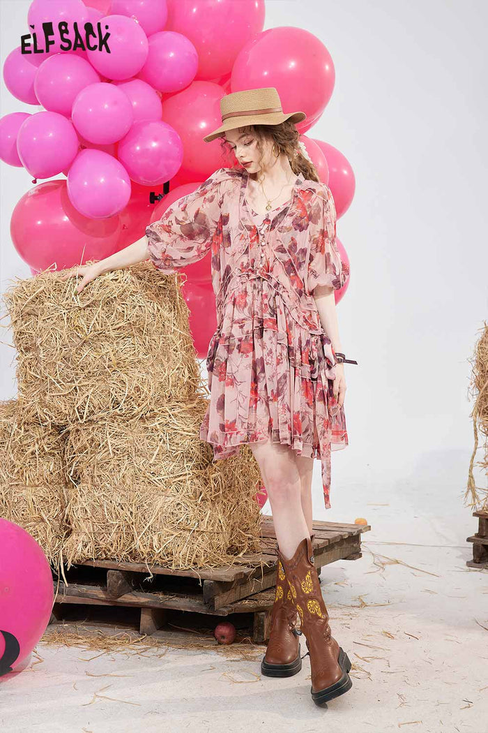 ELFSACK Floral Chiffon V Neck Waist Tie Dress