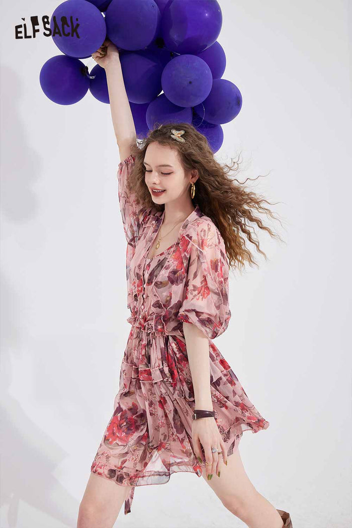 ELFSACK Floral Chiffon V Neck Waist Tie Dress