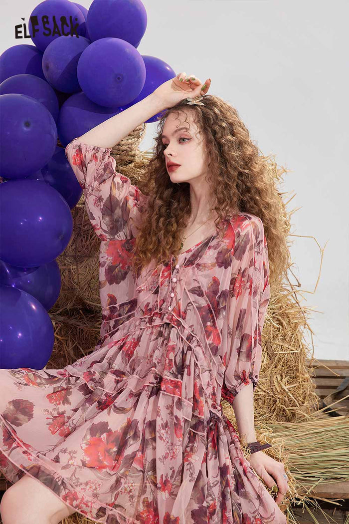 ELFSACK Floral Chiffon V Neck Waist Tie Dress