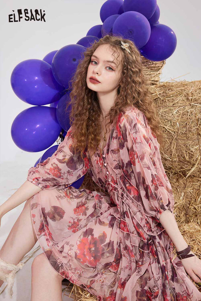 ELFSACK Floral Chiffon V Neck Waist Tie Dress
