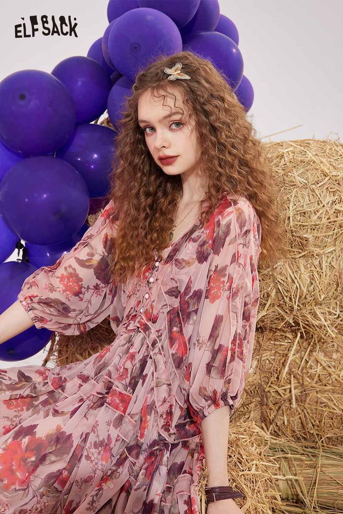 ELFSACK Floral Chiffon V Neck Waist Tie Dress
