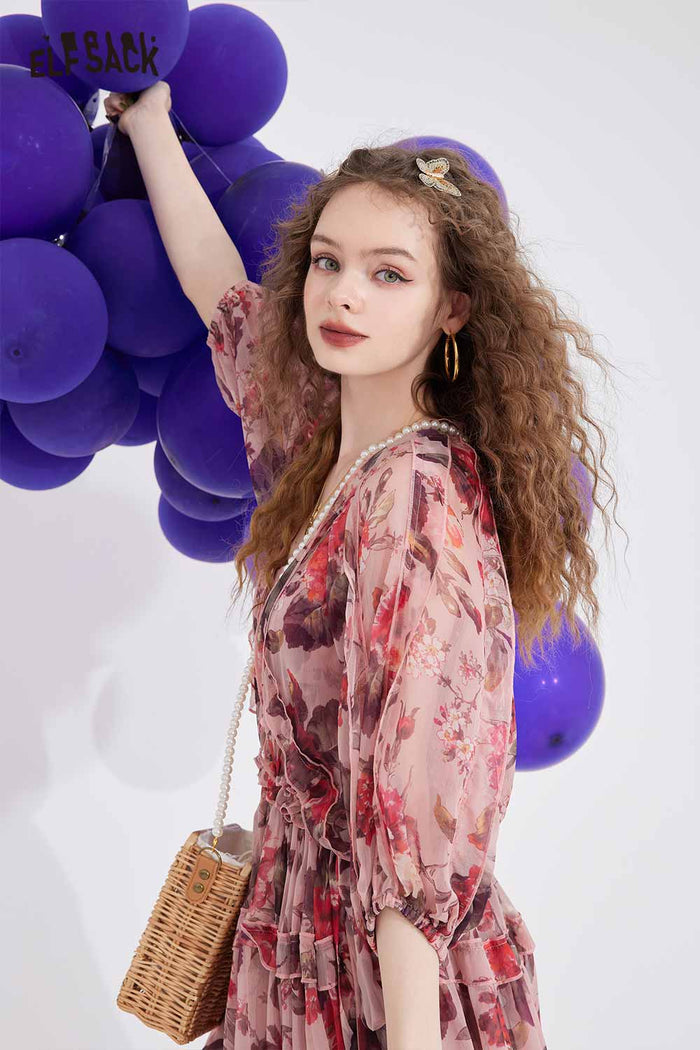 ELFSACK Floral Chiffon V Neck Waist Tie Dress
