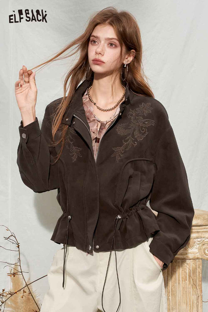 Floral Embroidery Drawstring Crop Jacket