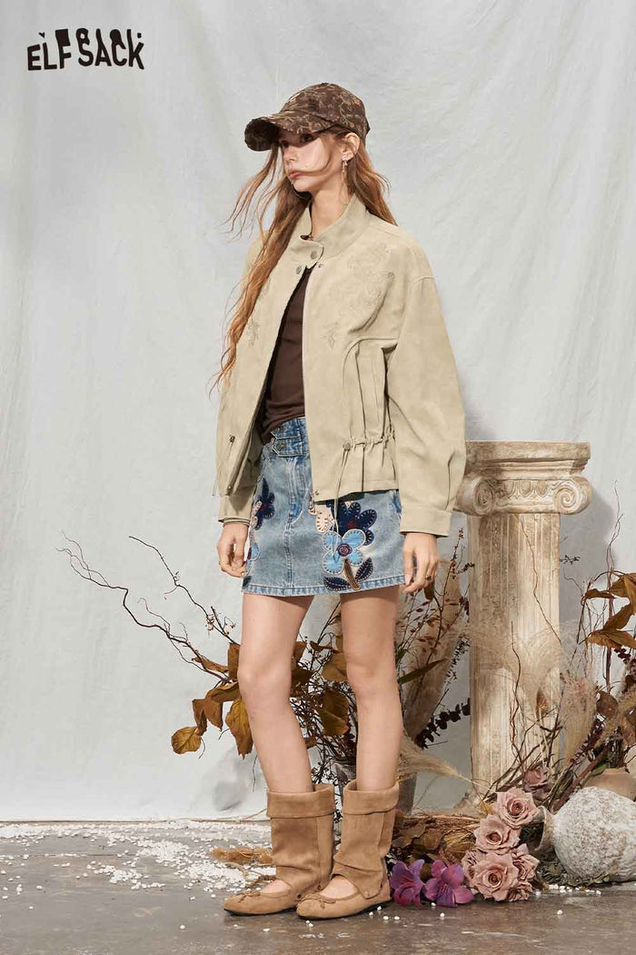 Floral Embroidery Drawstring Crop Jacket