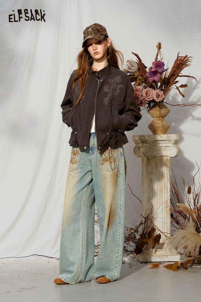 Floral Embroidery Drawstring Crop Jacket
