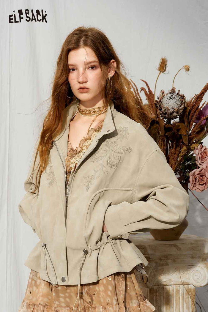 Floral Embroidery Drawstring Crop Jacket