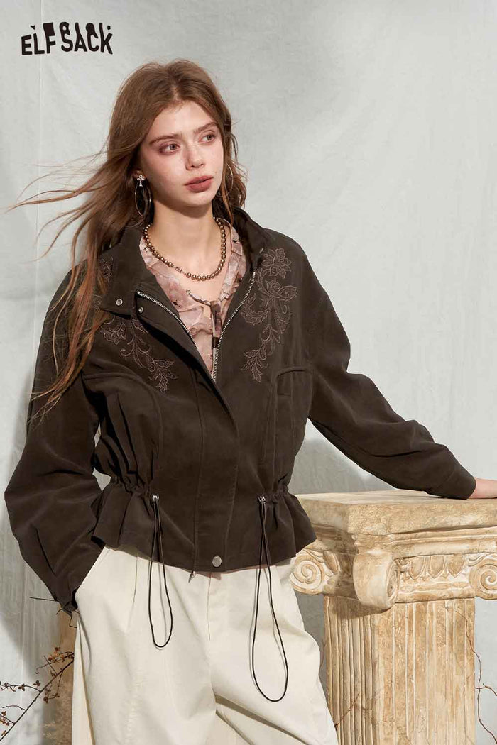 Floral Embroidery Drawstring Crop Jacket