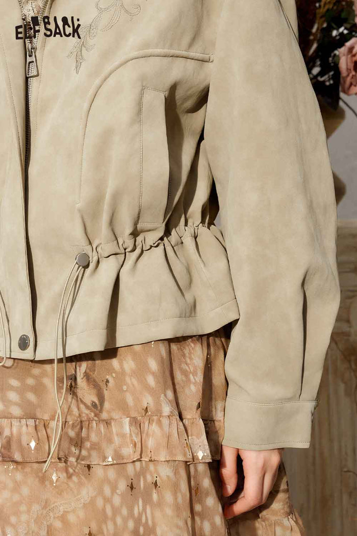 Floral Embroidery Drawstring Crop Jacket