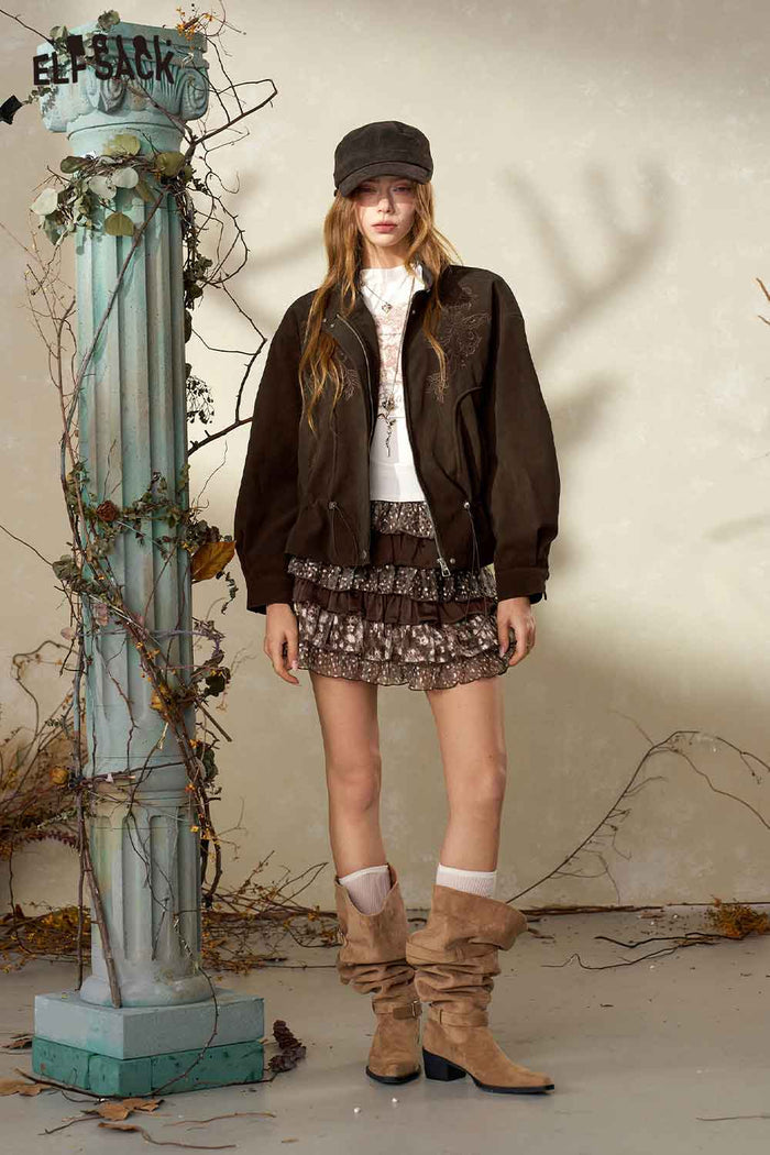Floral Embroidery Drawstring Crop Jacket