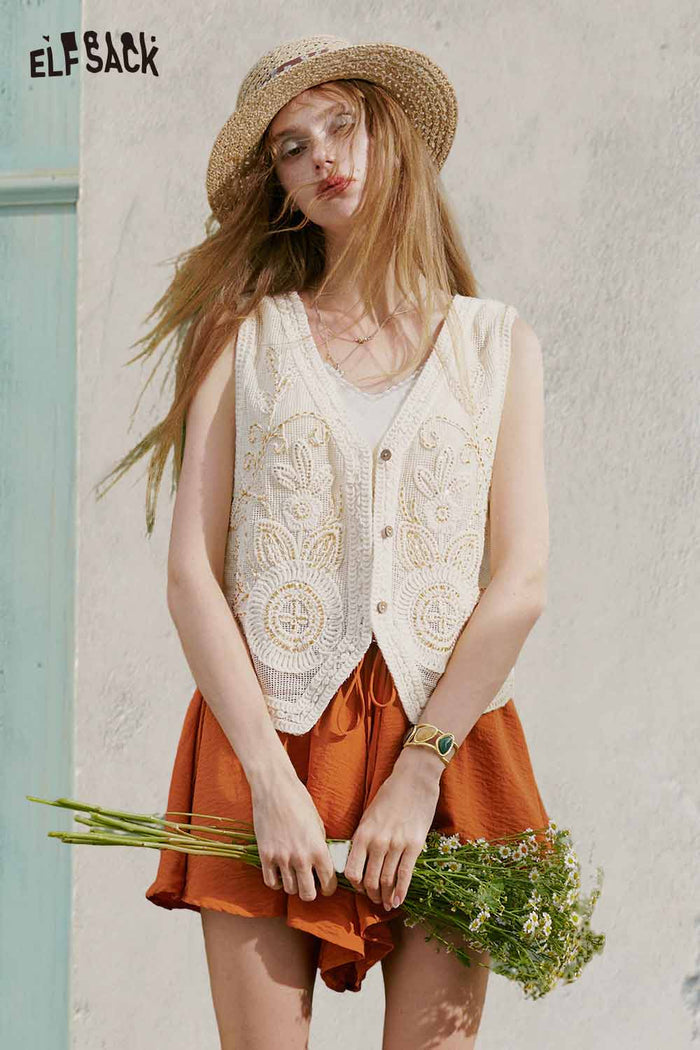 ELFSACK Floral Embroidery Linen Sleeveless Vest