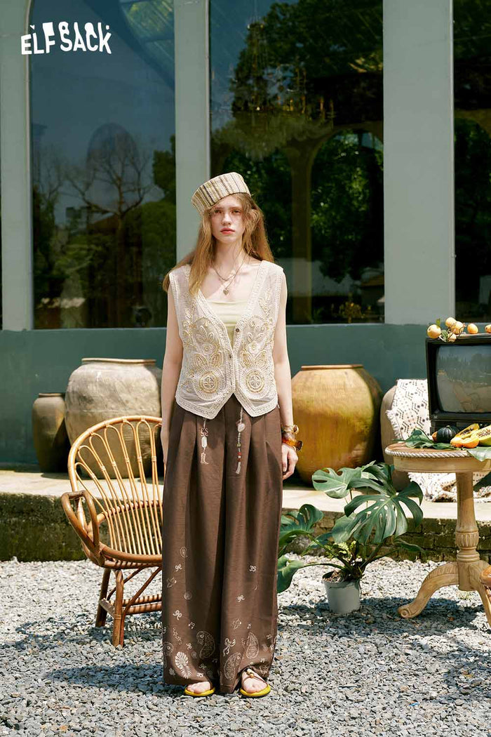 ELFSACK Floral Embroidery Linen Sleeveless Vest