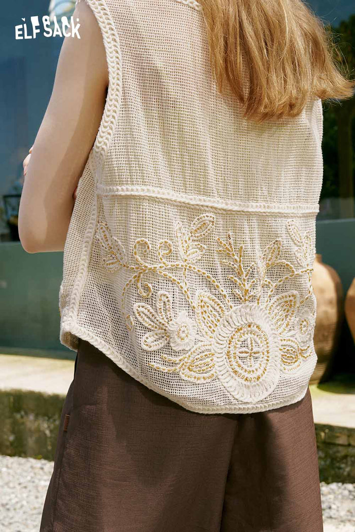 ELFSACK Floral Embroidery Linen Sleeveless Vest