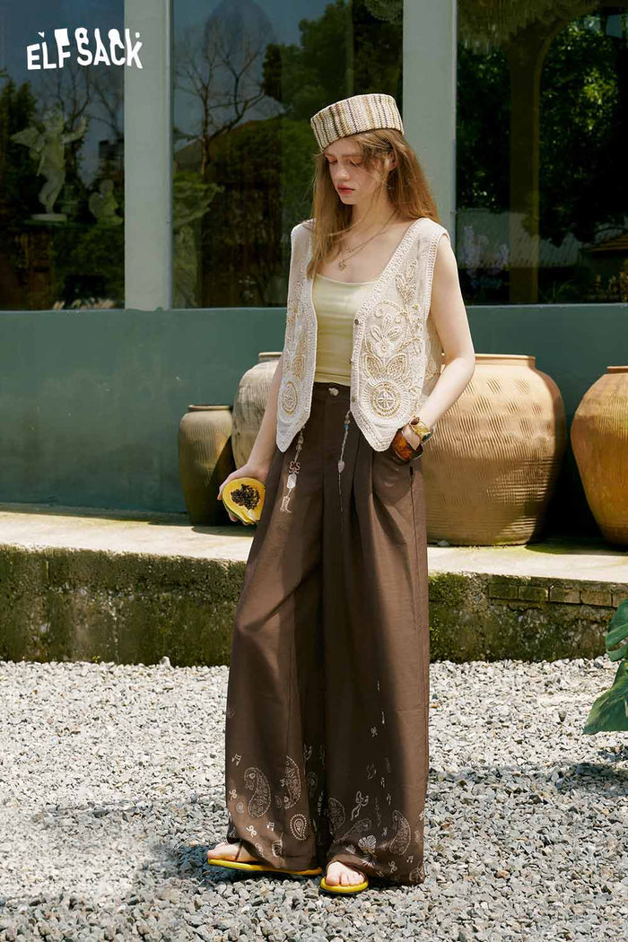 ELFSACK Floral Embroidery Linen Sleeveless Vest