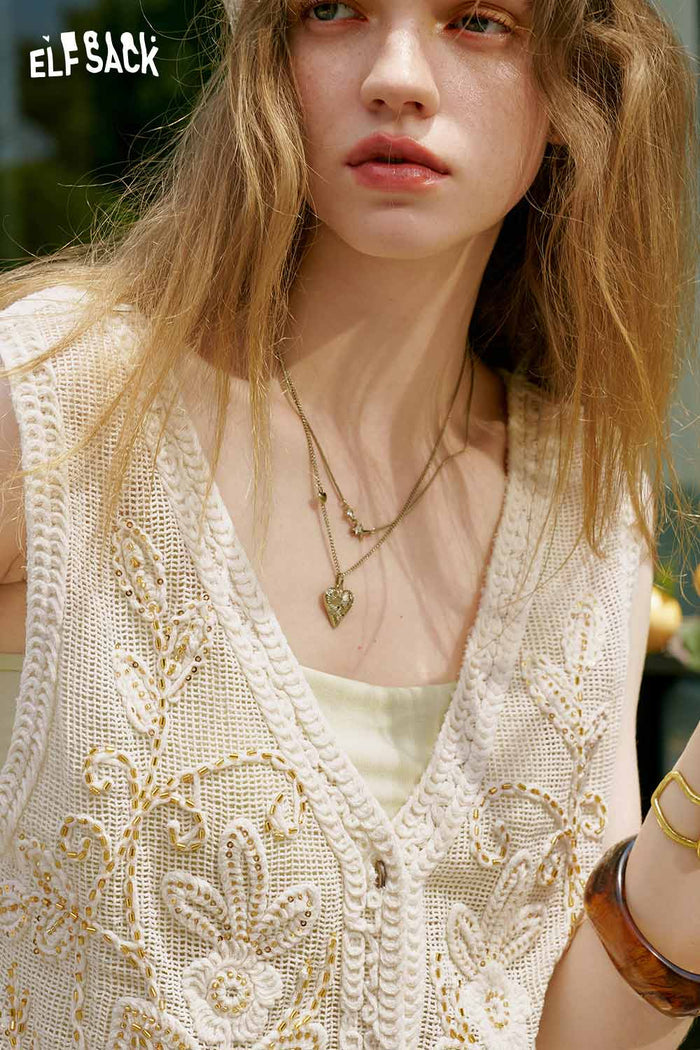 ELFSACK Floral Embroidery Linen Sleeveless Vest