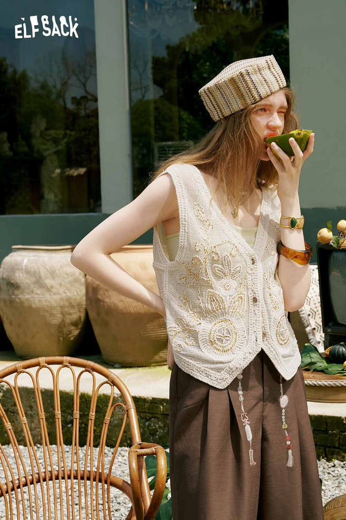 ELFSACK Floral Embroidery Linen Sleeveless Vest