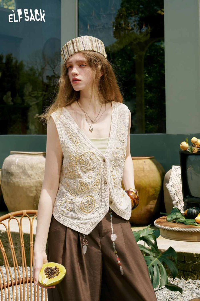 ELFSACK Floral Embroidery Linen Sleeveless Vest