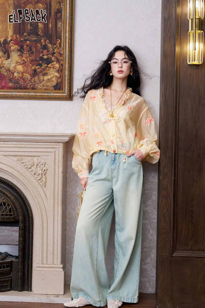 ELFSACK Floral Frog Button Ruffle Blouse