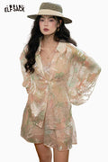 ELFSACK Floral Lace 2 Piece Shirt Skirt Set