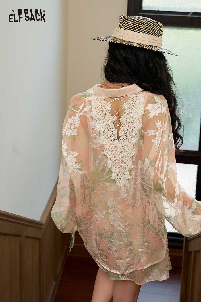 ELFSACK Floral Lace 2 Piece Shirt Skirt Set