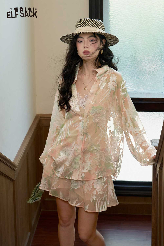 ELFSACK Floral Lace 2 Piece Shirt Skirt Set