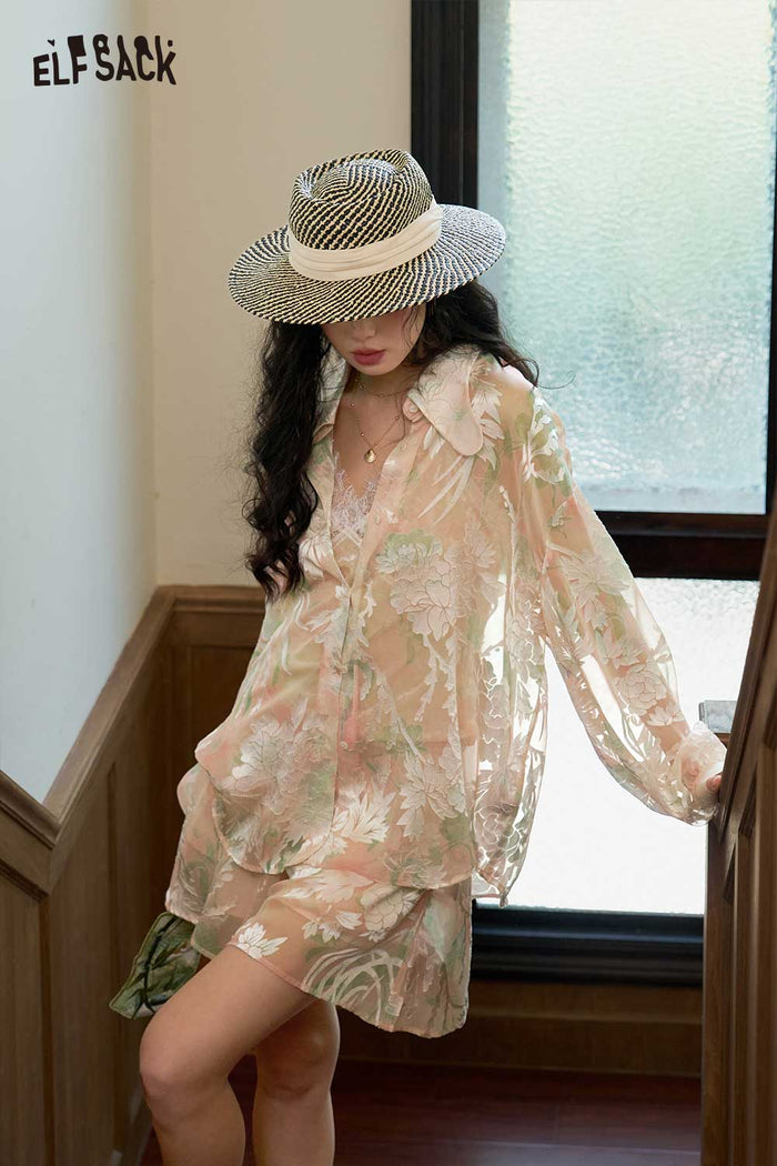 ELFSACK Floral Lace 2 Piece Shirt Skirt Set