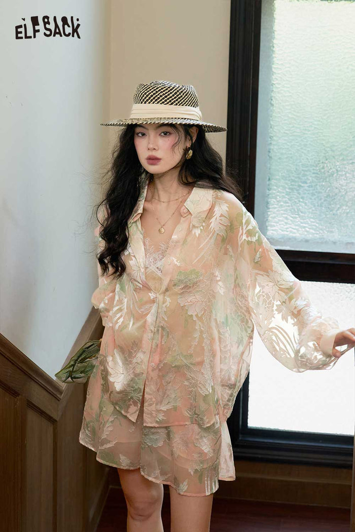 ELFSACK Floral Lace 2 Piece Shirt Skirt Set