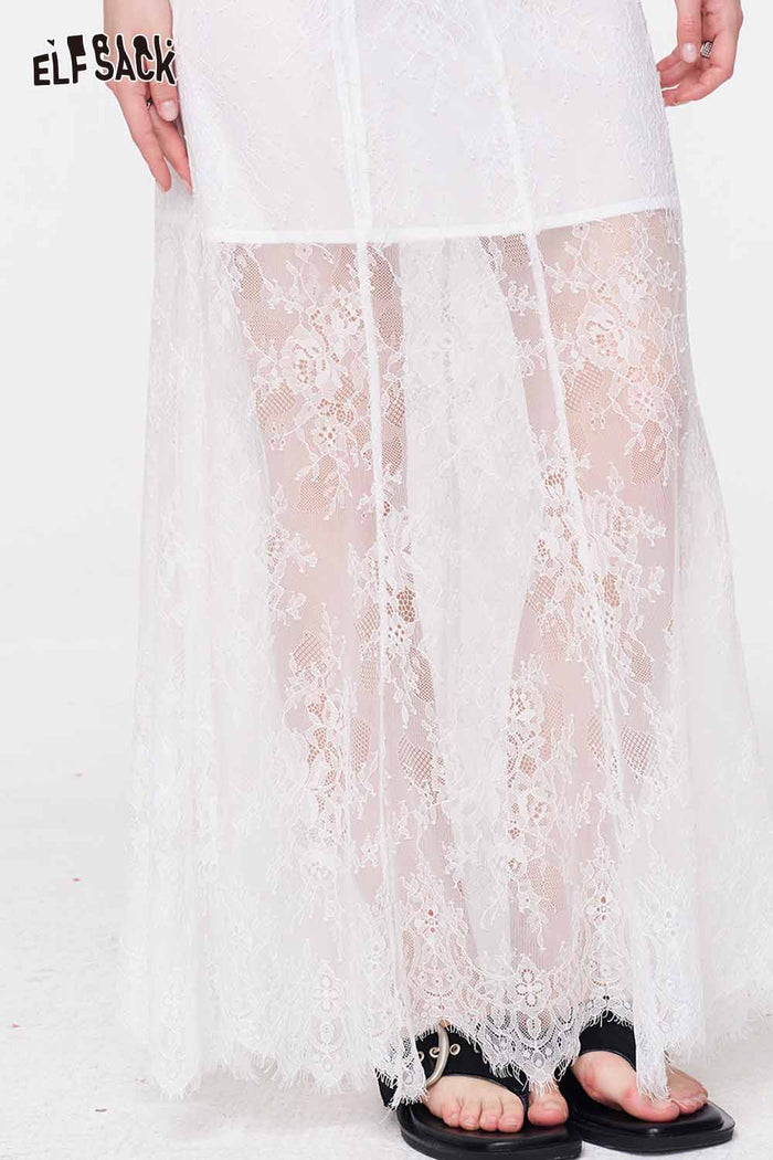 ELFSACK Floral Lace Sheer Maxi Skirt