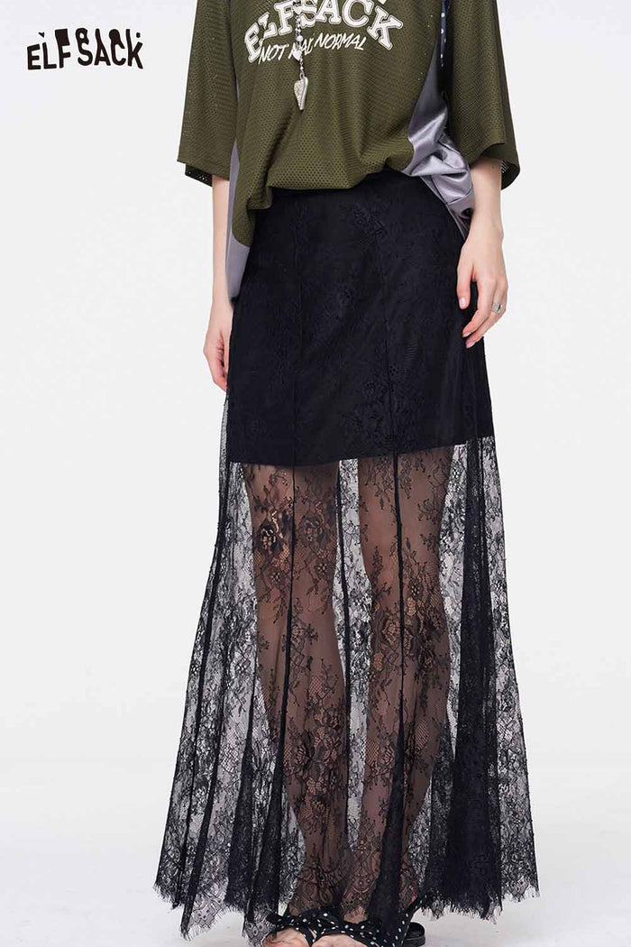 ELFSACK Floral Lace Sheer Maxi Skirt