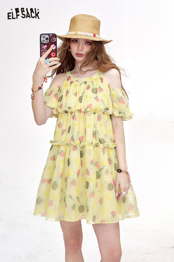ELFSACK Floral Off Shoulder Halter Chiffon Tiered Resort Dress