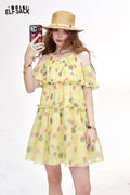 ELFSACK Floral Off Shoulder Halter Chiffon Tiered Resort Dress