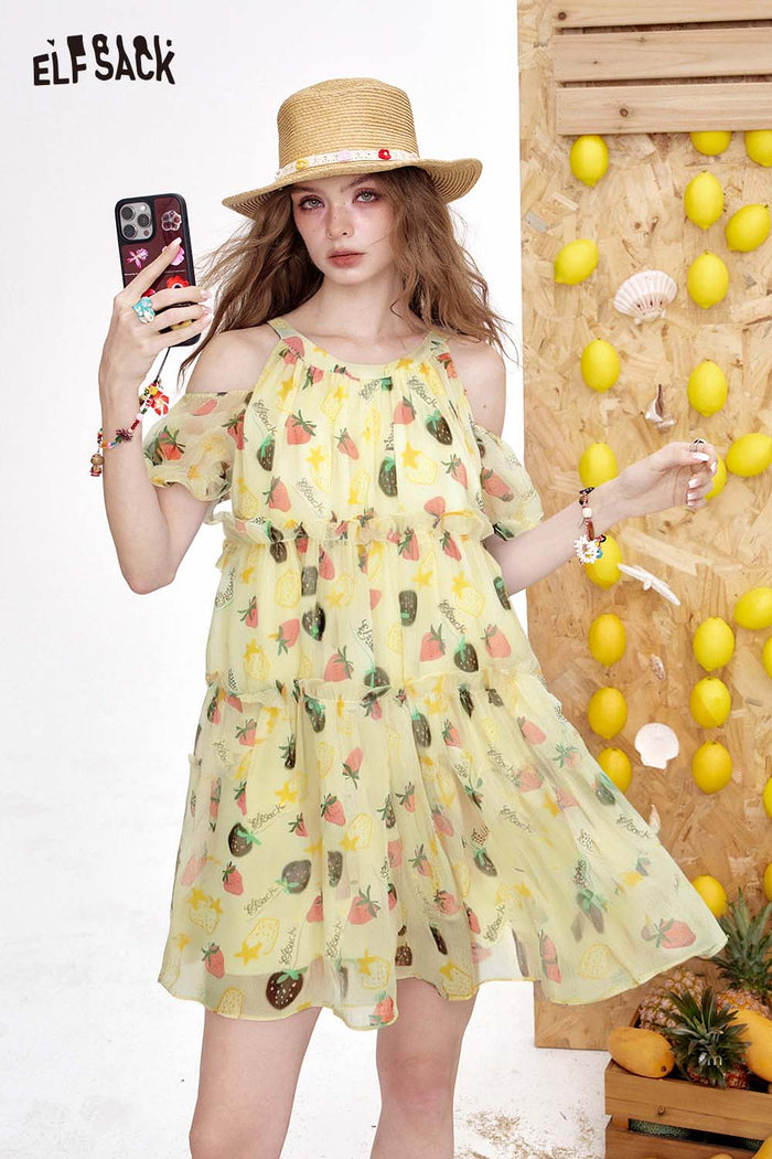 ELFSACK Floral Off Shoulder Halter Chiffon Tiered Resort Dress