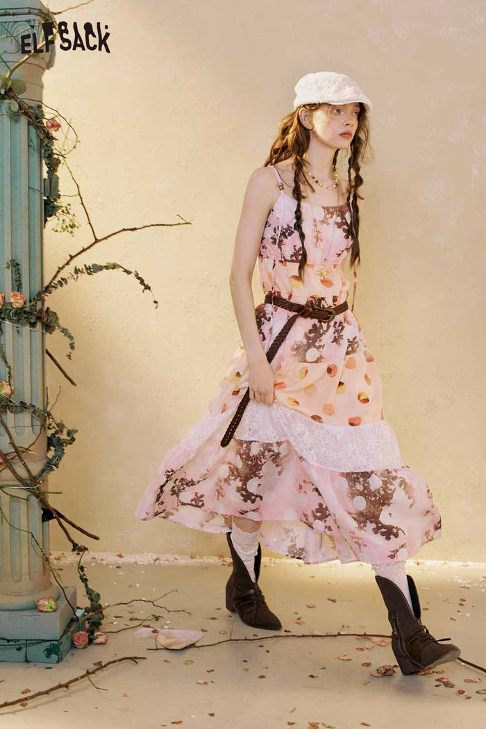 ELFSACK Floral Patchwork Tiered Maxi Slip Dress
